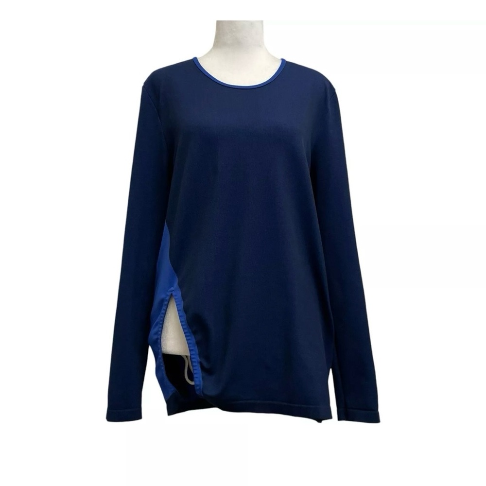 Tory Burch Tory Sport Front Split Long Sleeve Top in Dark Blue, size medium.
